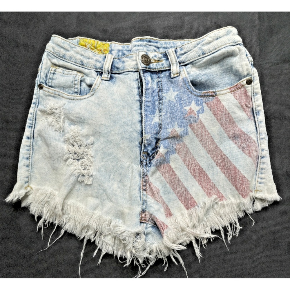 Machine Nouvelle Mode USA Flag Shorts Womens Large 30 Acid Wash Distressed Y2K